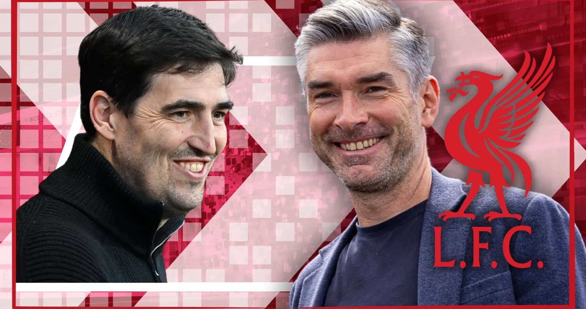 Dos entrenadores sonriendo frente a un fondo de Liverpool