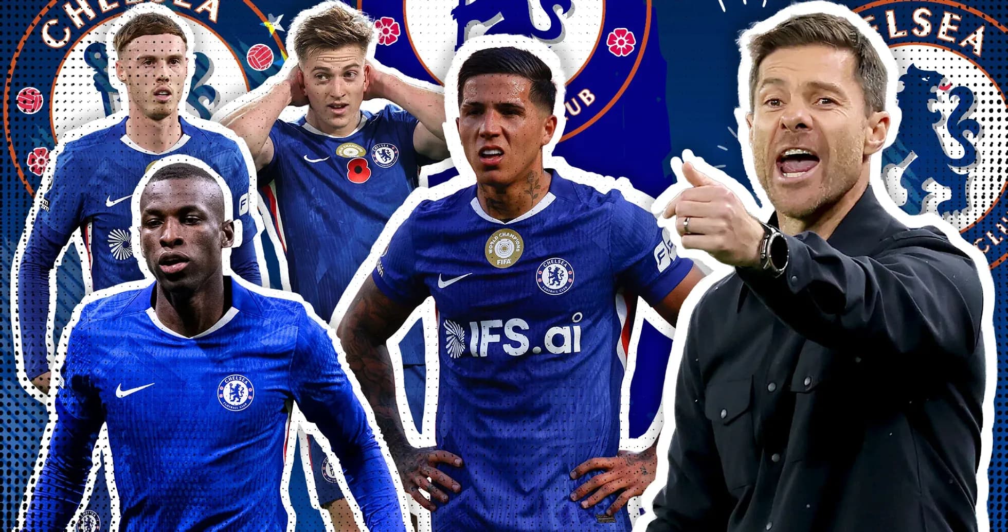 Jugadores de Chelsea con entrenador en fondo gráfico