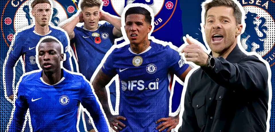 Jugadores de Chelsea con entrenador en fondo gráfico