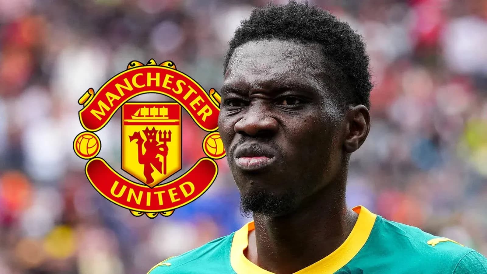 Jugador con camiseta verde cerca del logo de Manchester United
