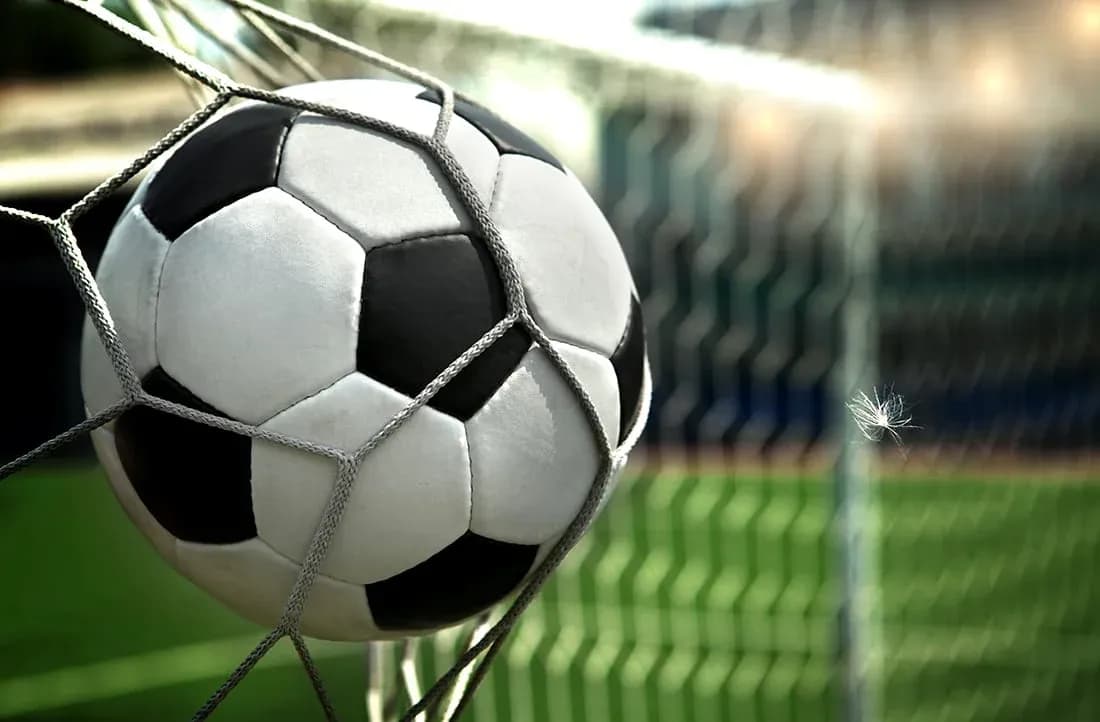 Balón de fútbol atrapado en la red de gol
