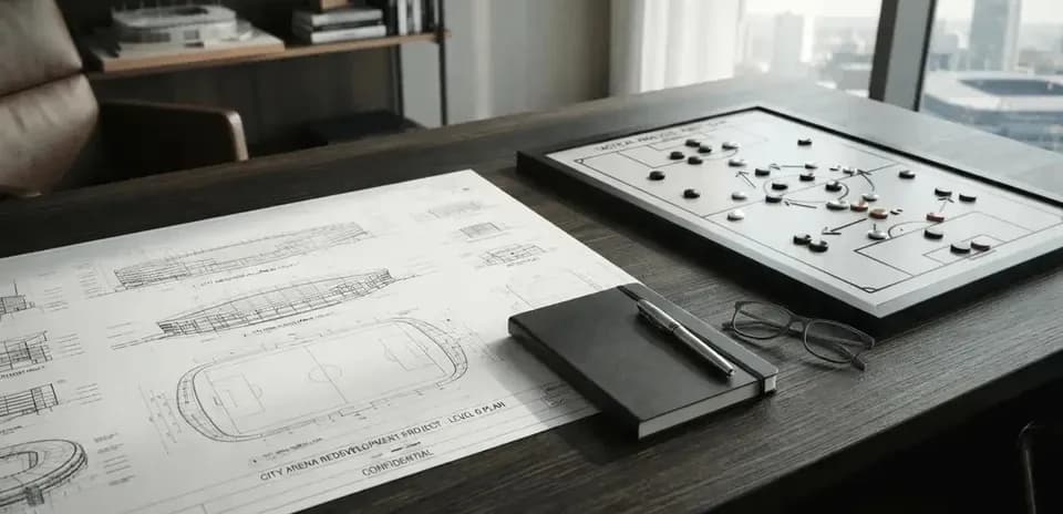 Planos de estadio y tablero de tácticas sobre mesa