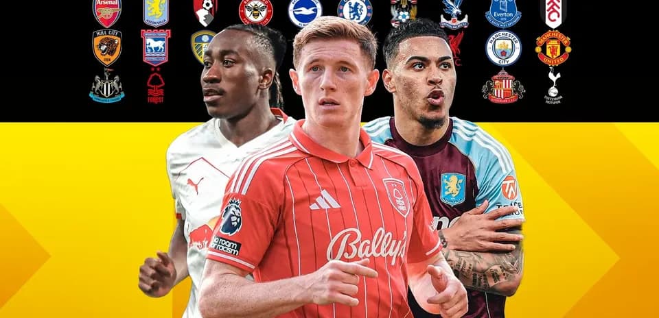 Tres jugadores de fútbol con logotipos de equipos detrás
