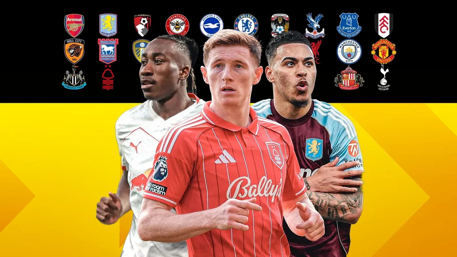 Tres jugadores de fútbol con logotipos de equipos detrás