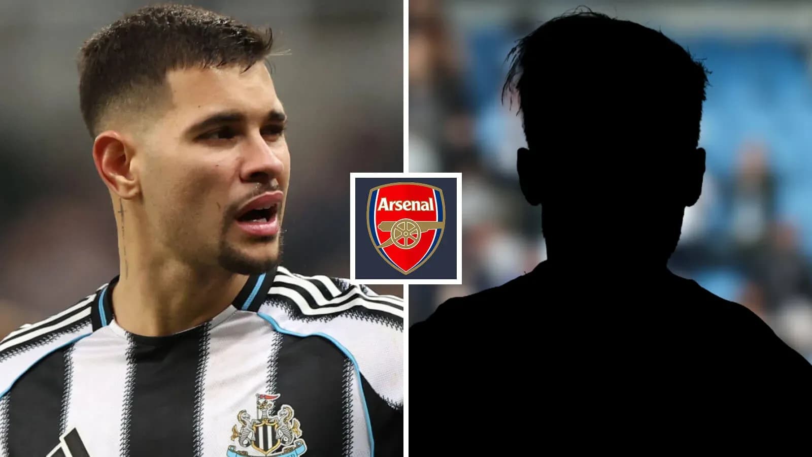 Jugador de Newcastle en primer plano con logo de Arsenal