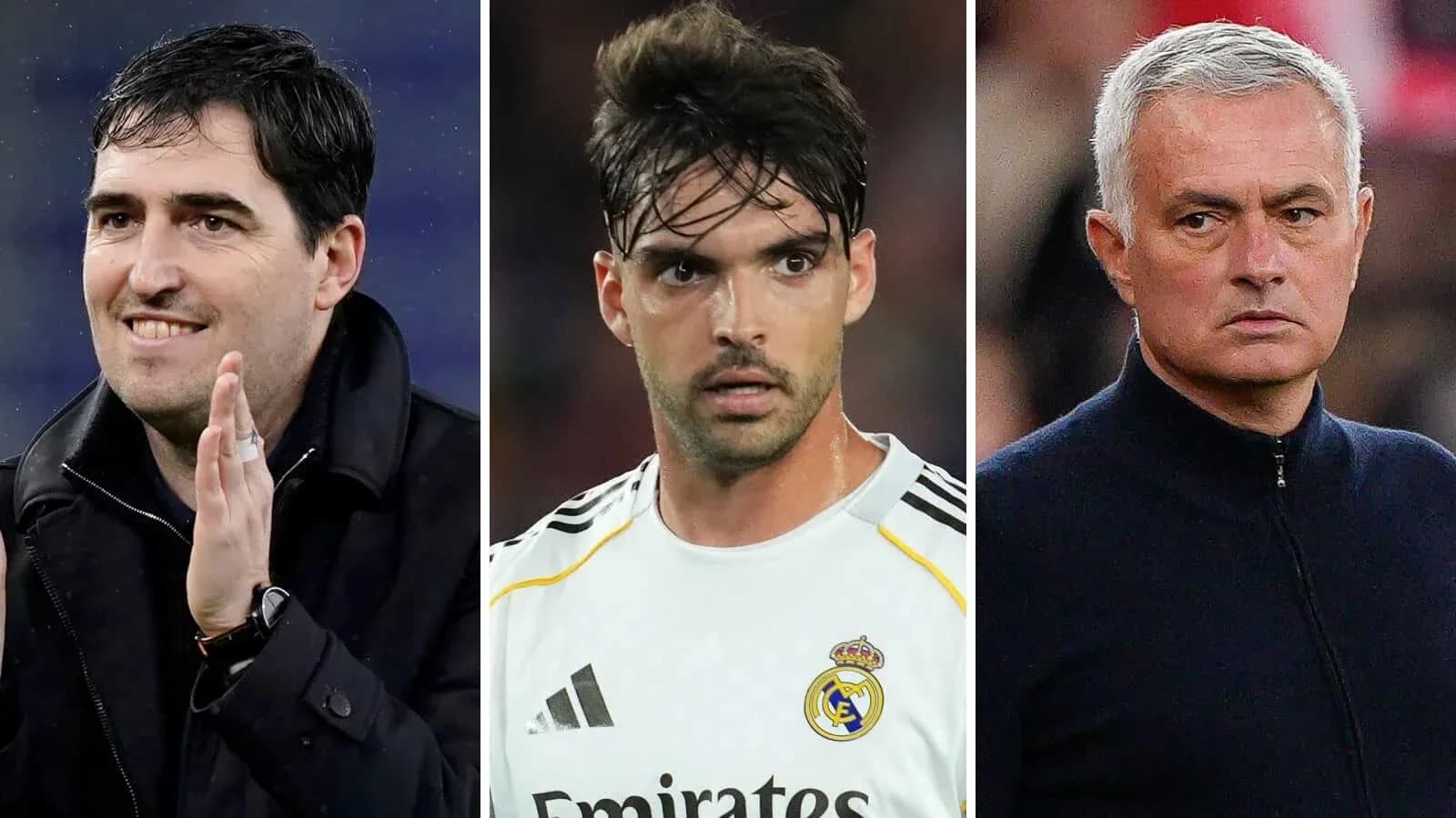 Tres entrenadores de fútbol en retratos individuales
