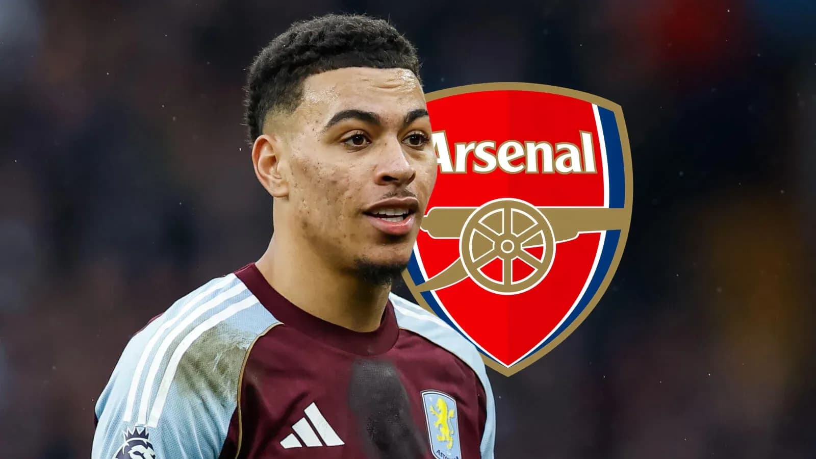 Jugador de Aston Villa con escudo de Arsenal de fondo