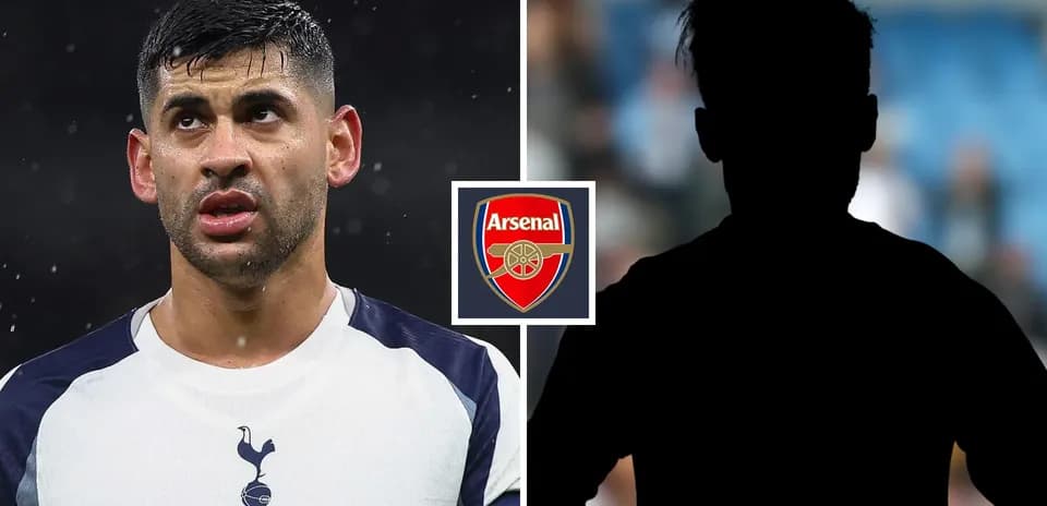 Jugador de Tottenham con logo de Arsenal de fondo