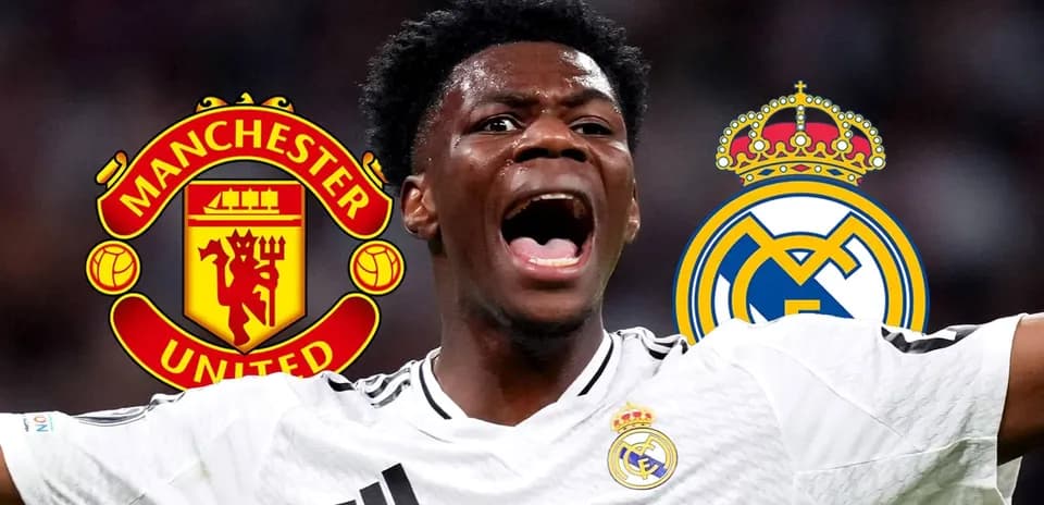 Jugador celebrando con escudos de Manchester United y Real Madrid