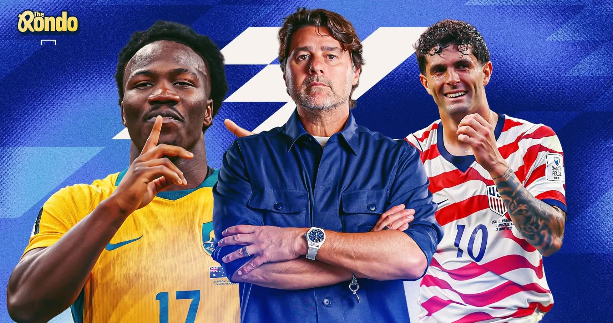 Tres jugadores de fútbol en fondo colorido