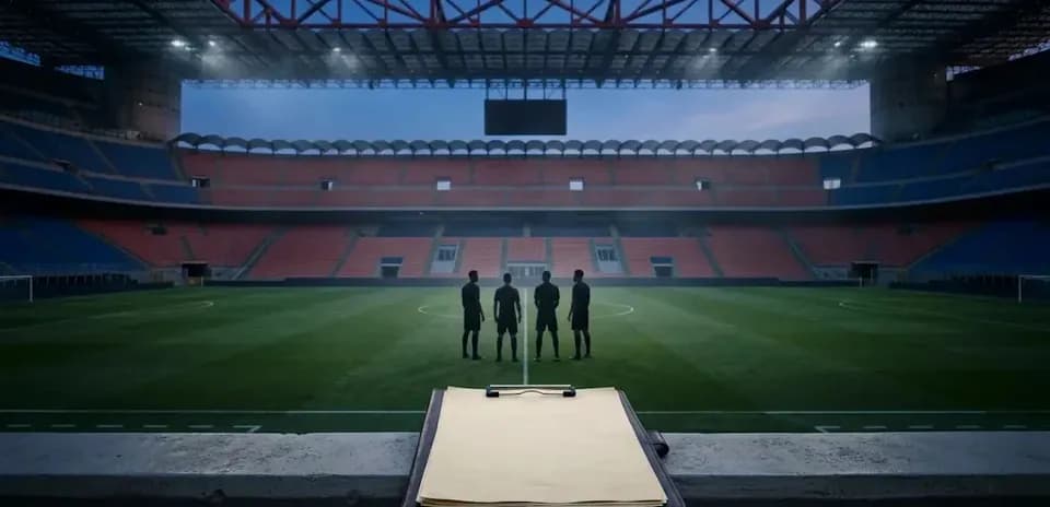 Árbitros conversando en el campo del estadio vacío