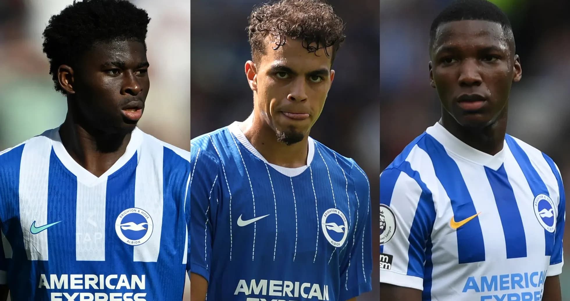Tres jugadores de Brighton en uniforme azul y blanco