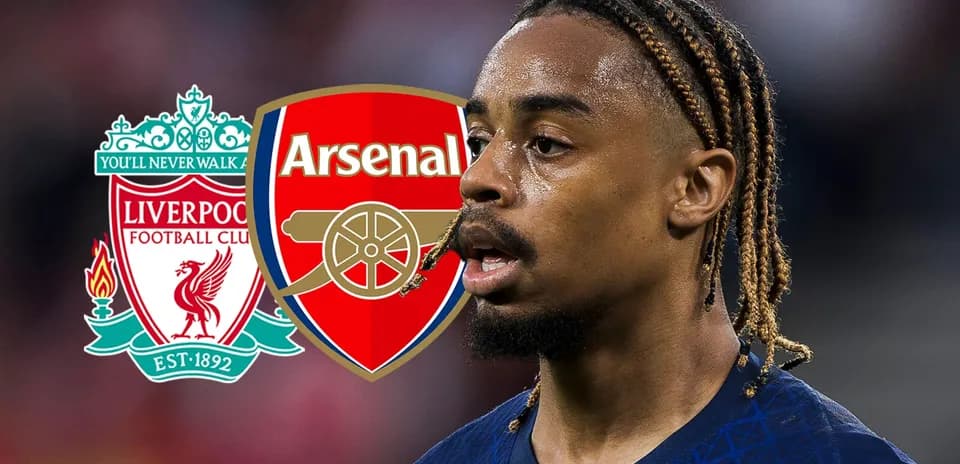 Jugador con trenzas frente a escudos de Liverpool y Arsenal