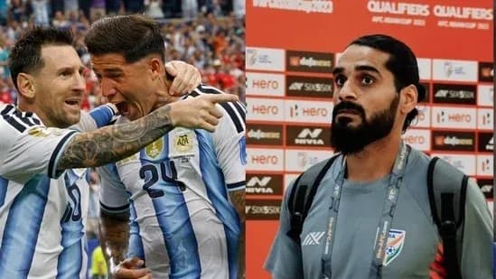 Jugadores argentinos celebrando un gol y un jugador en conferencia