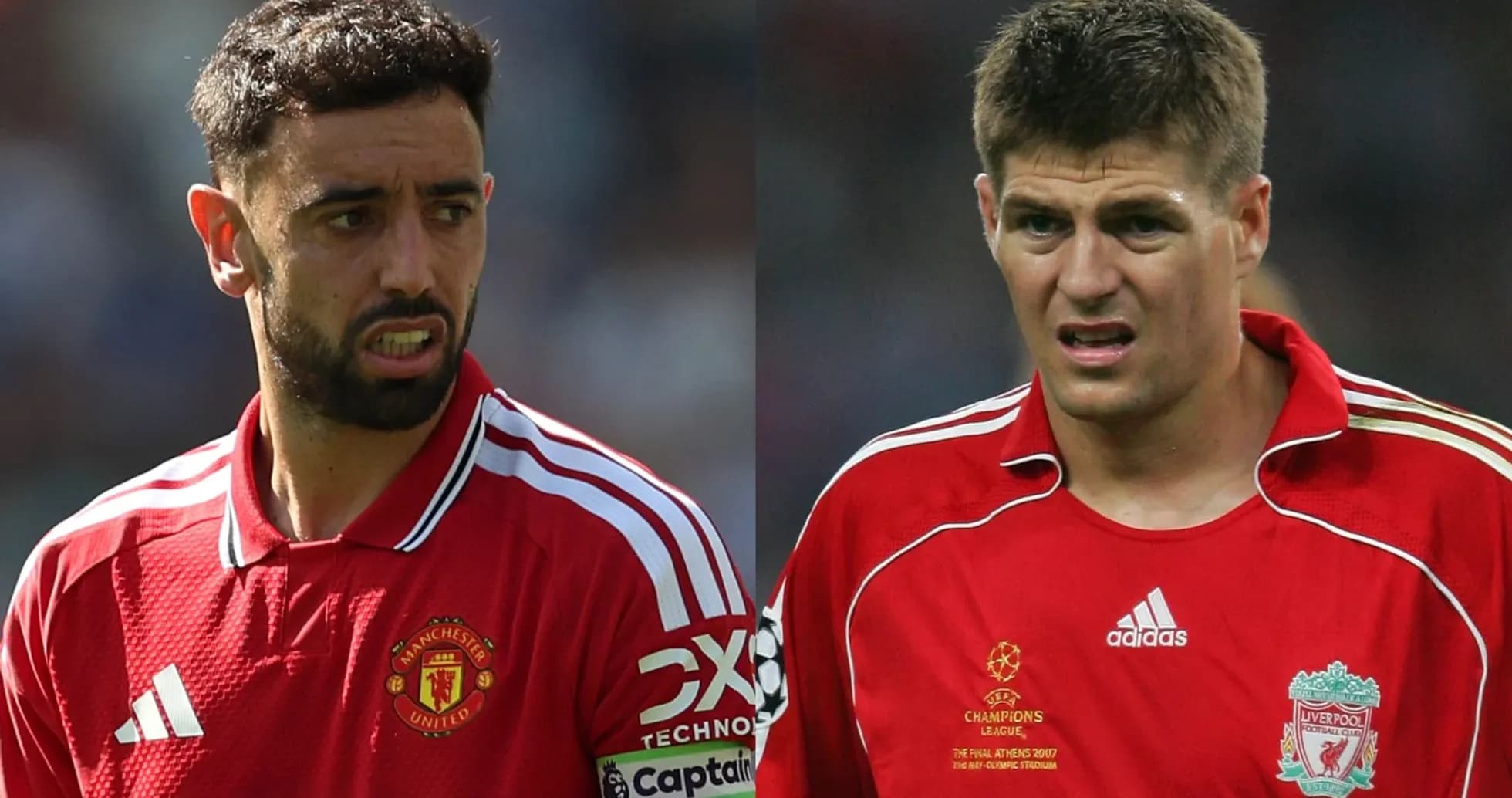 Bruno Fernandes y Steven Gerrard en camisetas de equipo