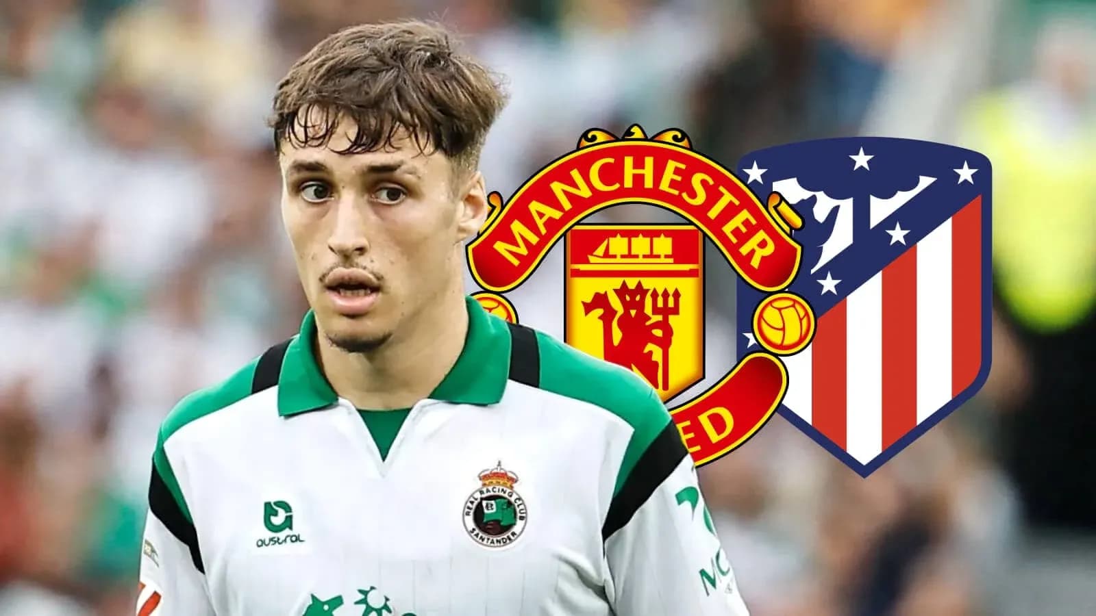 Jugador de fútbol con logos de Manchester United y Atlético