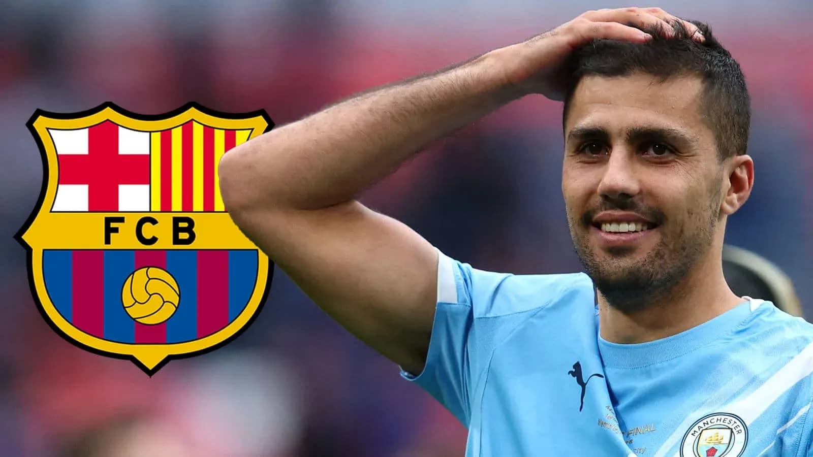 Jugador con camiseta de Manchester City junto al logo del FC Barcelona
