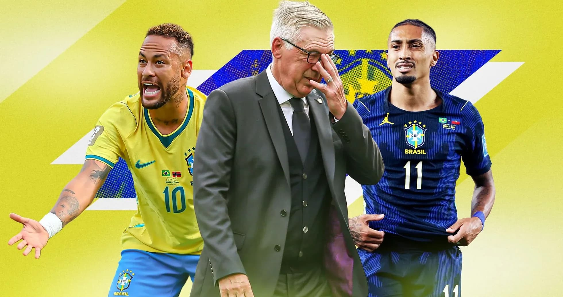 Neymar y jugadores de Brasil en fondo amarillo