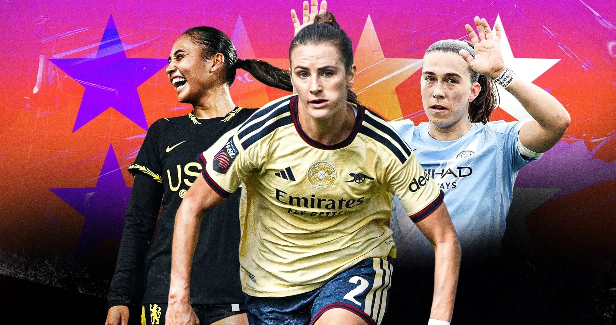 Tres jugadoras de fútbol en acción con uniformes