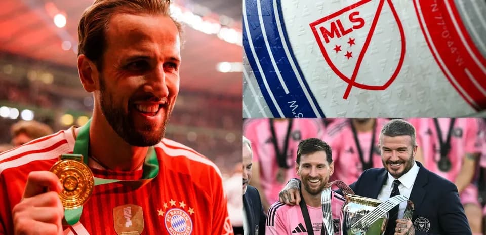 Harry Kane celebrating with medal; MLS logo; Messi and Beckham with trophy