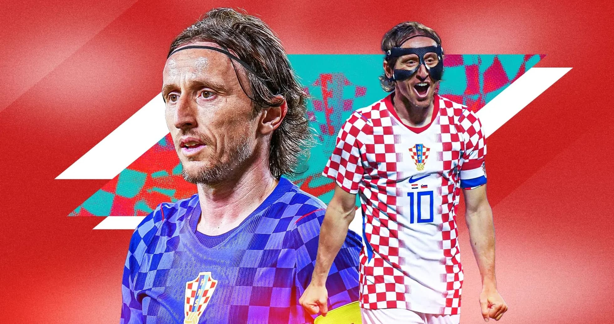 Luka Modric en uniforme croata en fondo rojo