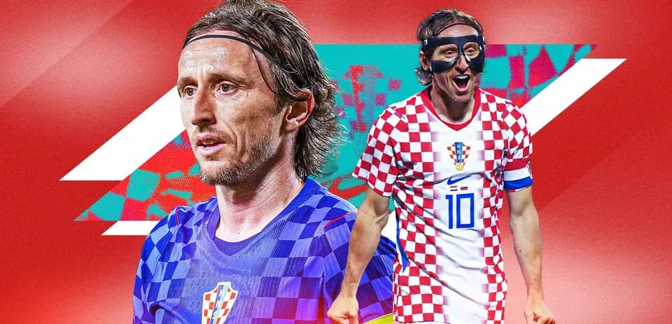 Luka Modric en uniforme croata en fondo rojo