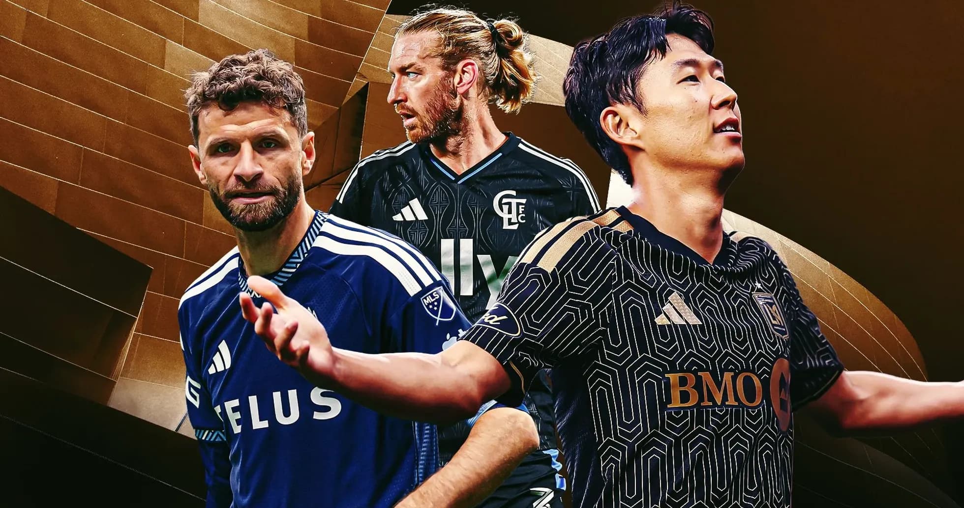 Tres jugadores de fútbol en diferentes camisetas de equipo