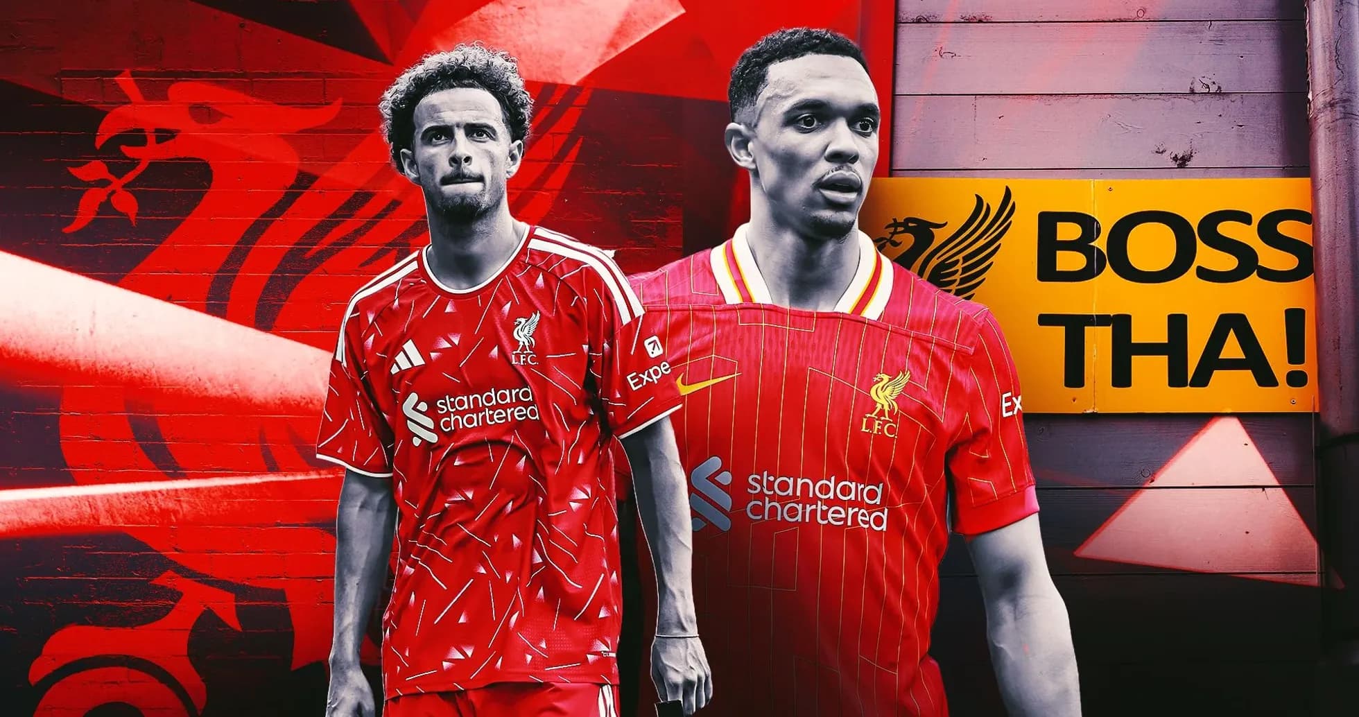 Jugadores de Liverpool con camisetas en fondo rojo