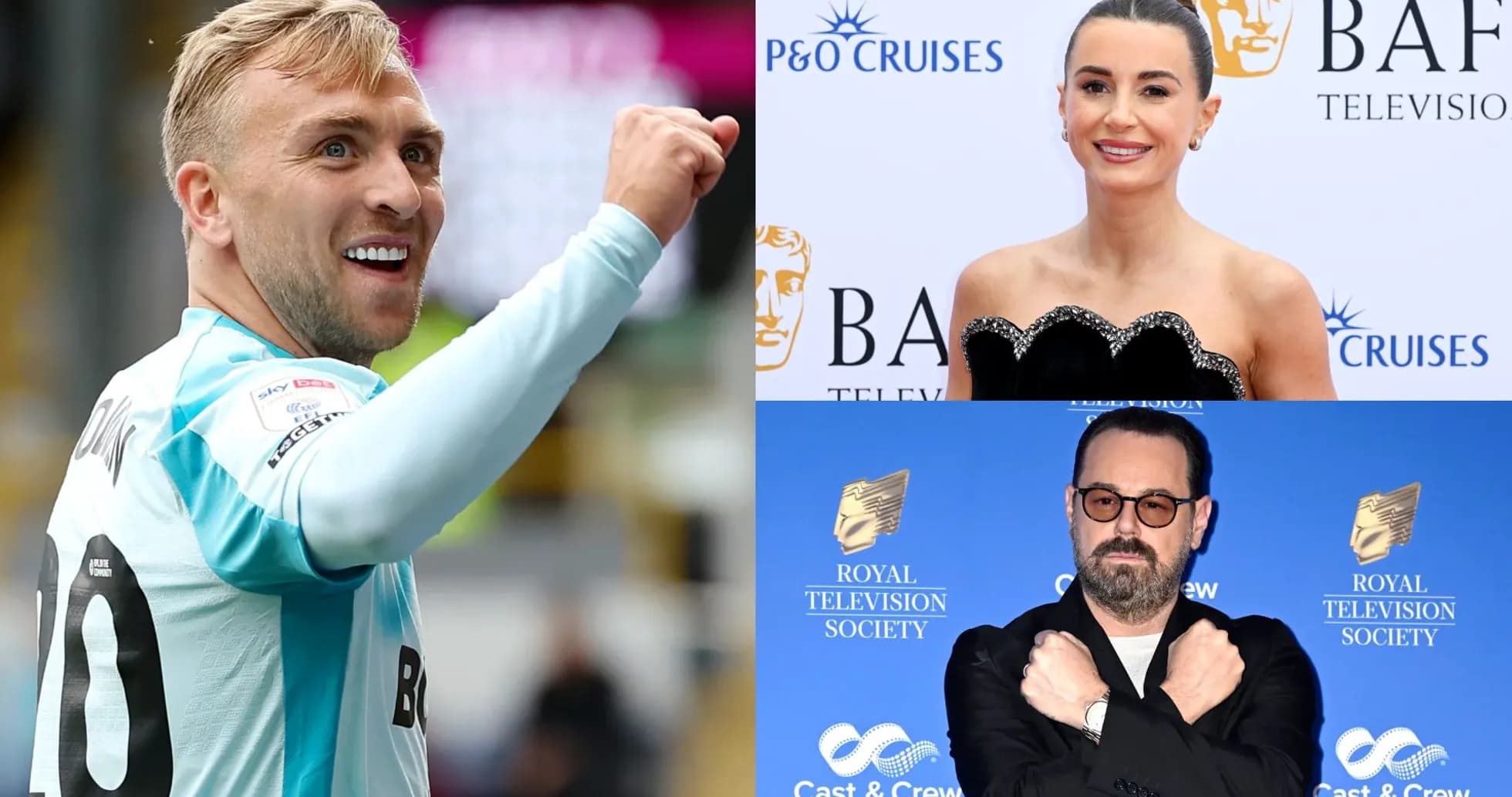 Jugador celebrando gol, mujer en evento y hombre posando