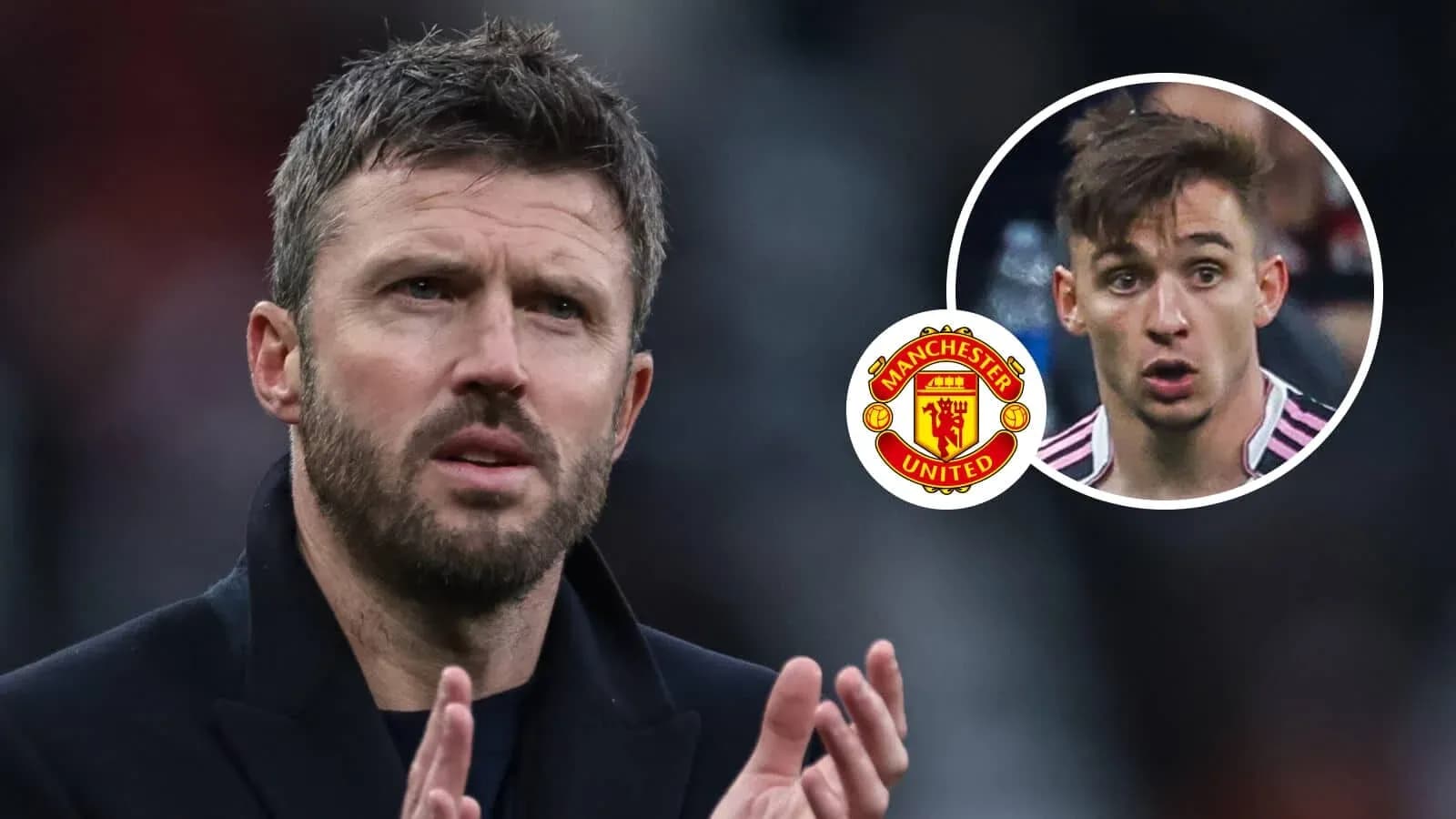 Michael Carrick gesturing with Manchester United logo