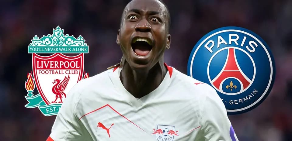 Jugador celebrando con logos de Liverpool y PSG