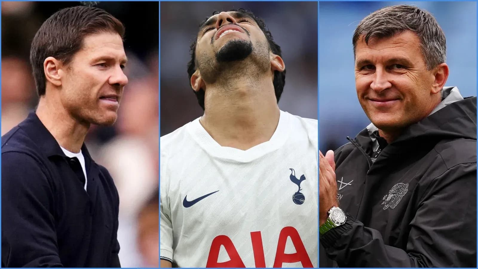 Tres personas relacionadas con el fútbol en diferentes acciones