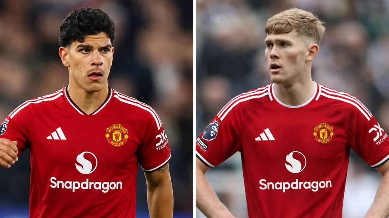 Dos jugadores de Manchester United en uniforme rojo