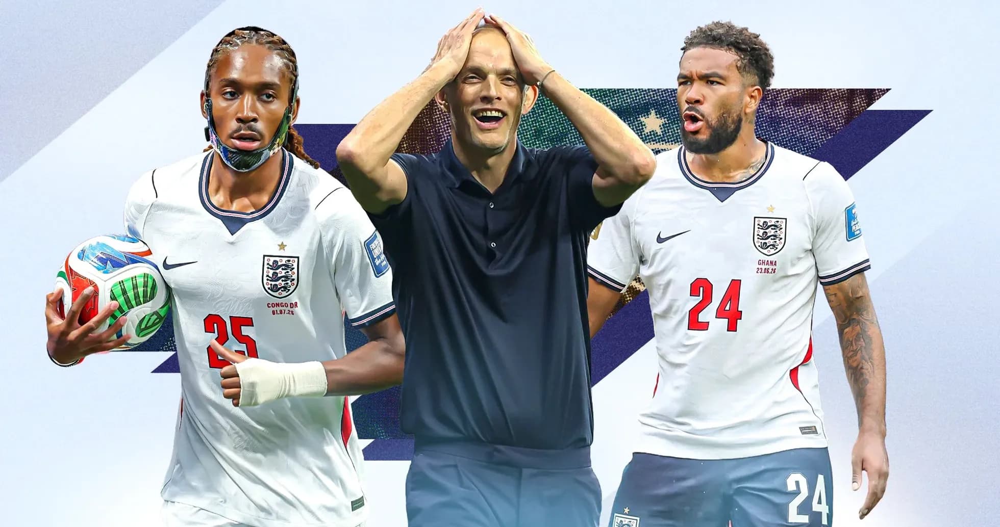 Jugadores de Inglaterra y entrenador en fondo gráfico
