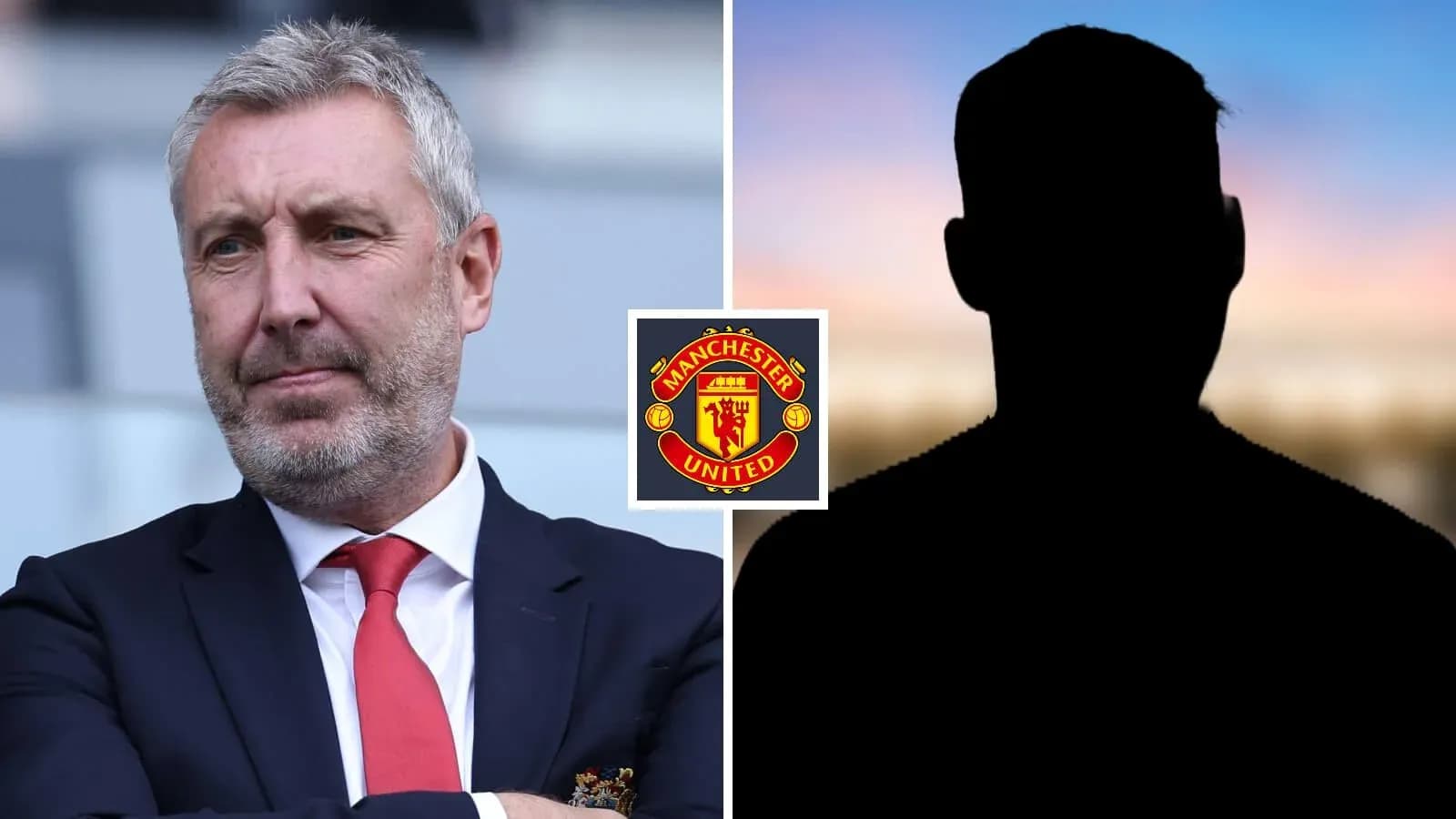 Hombre pensativo junto al logotipo de Manchester United
