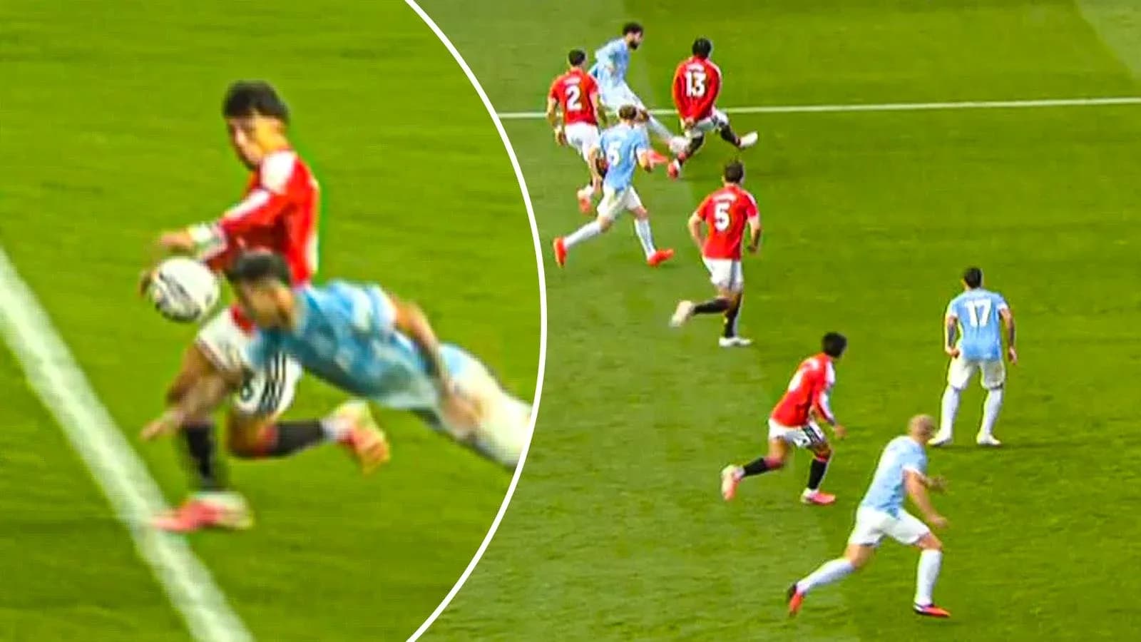 Jugador de equipo rojo y azul disputando un balón