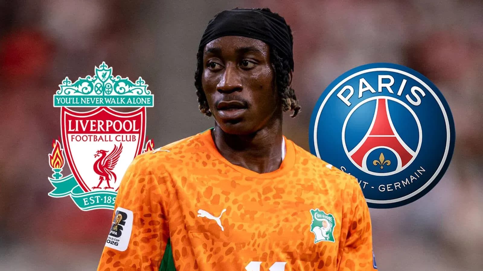 Jugador con camiseta de Côte d'Ivoire entre logos de Liverpool y PSG