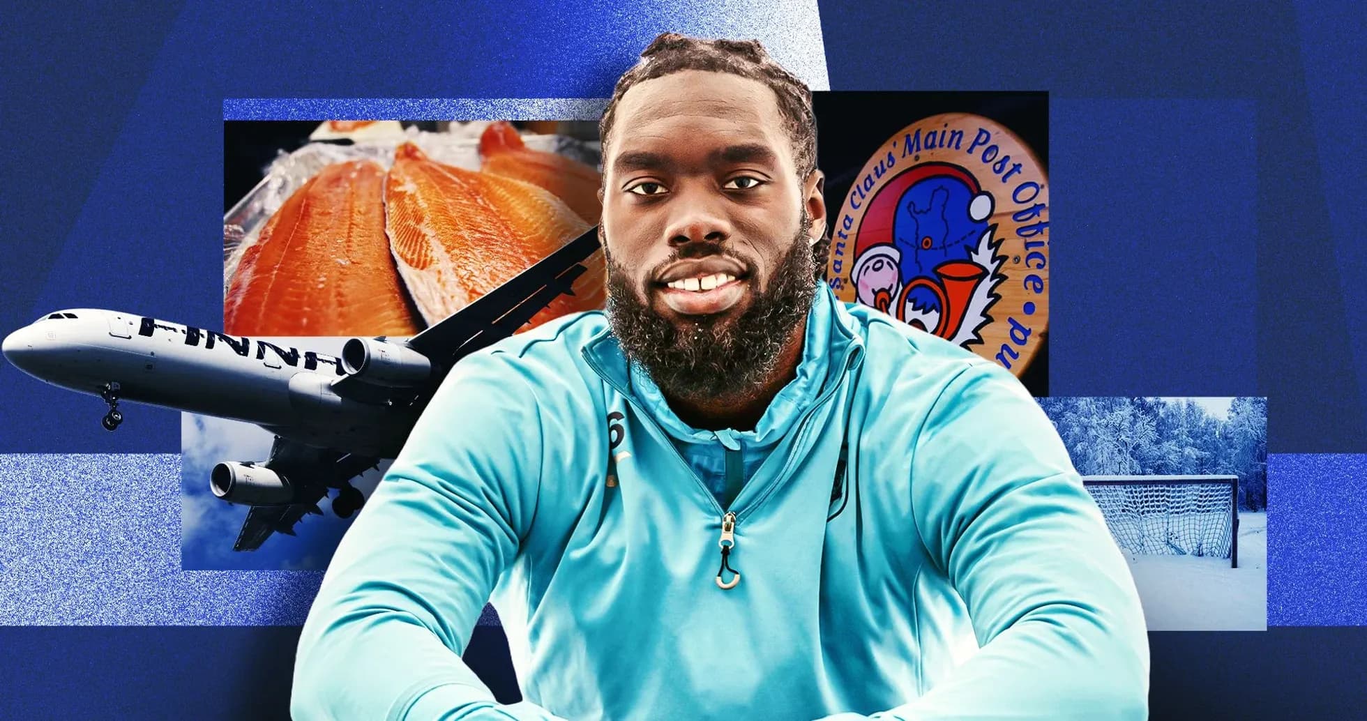Jugador sonriente con fondo de avión y paisaje invernal