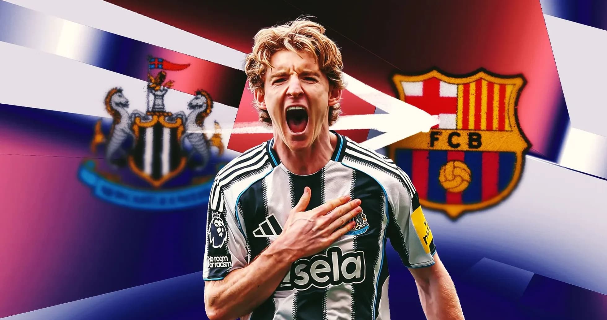 Jugador de Newcastle celebrando con los escudos de clubes