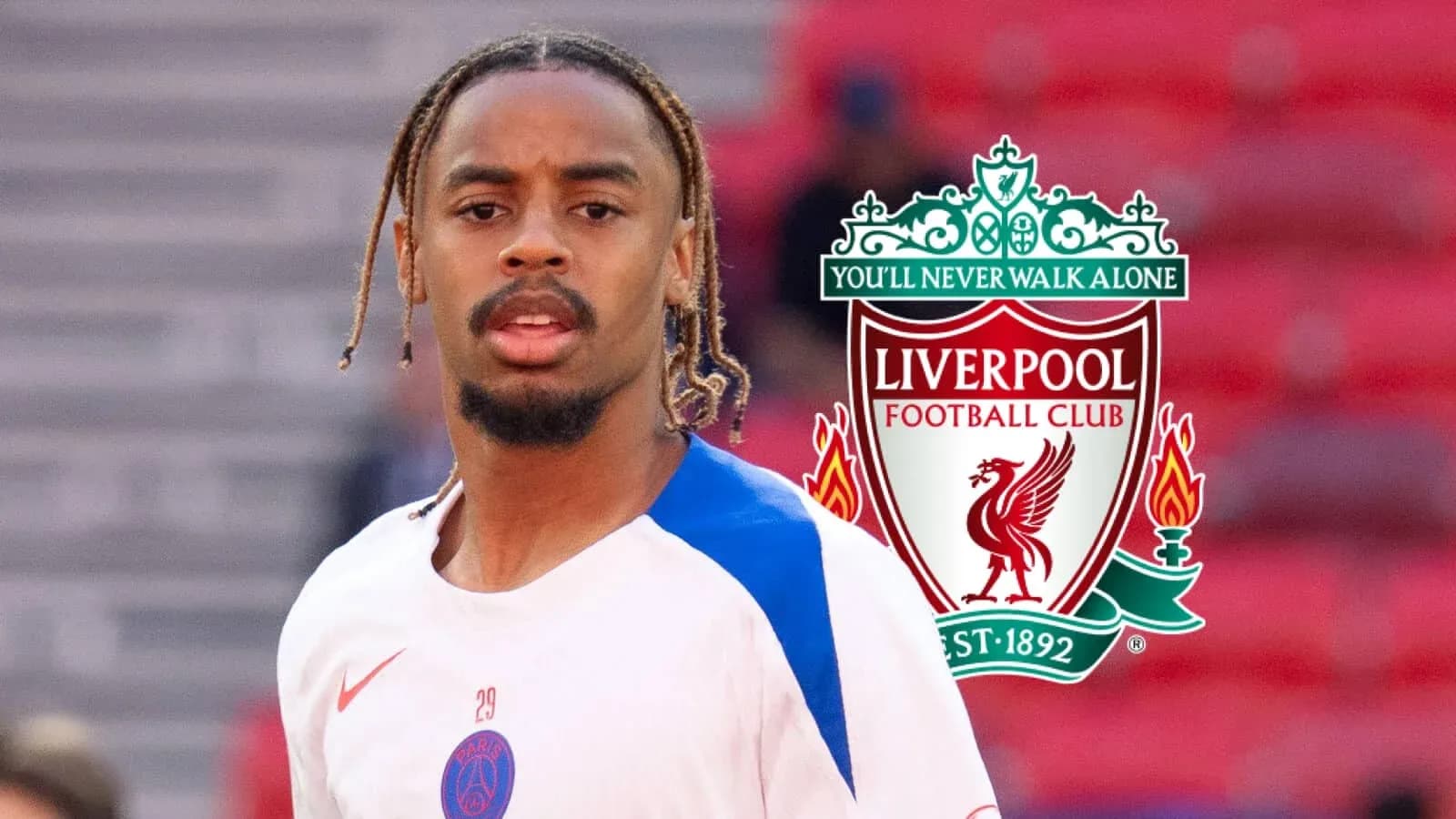 Jugador de PSG con logo de Liverpool en fondo