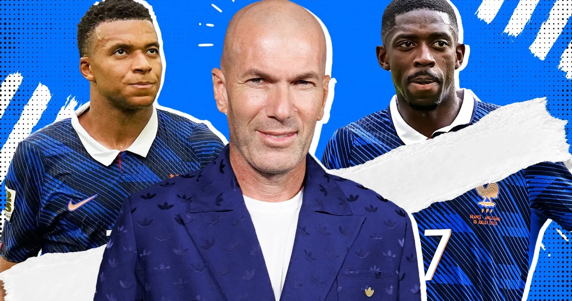 Kylian Mbappé, Zinedine Zidane y Ousmane Dembélé en collage