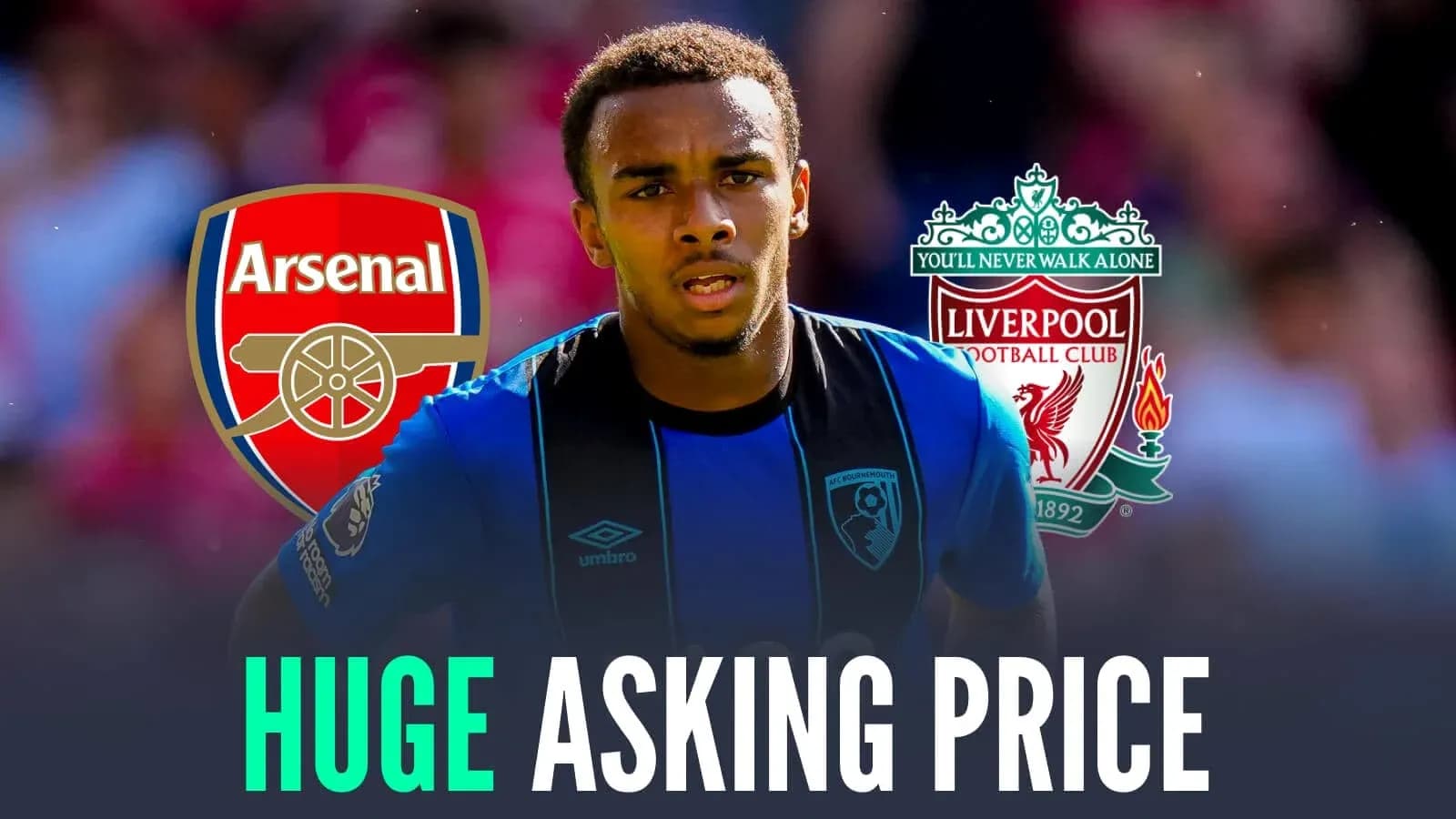 Jugador de Bournemouth entre logotipos de Arsenal y Liverpool