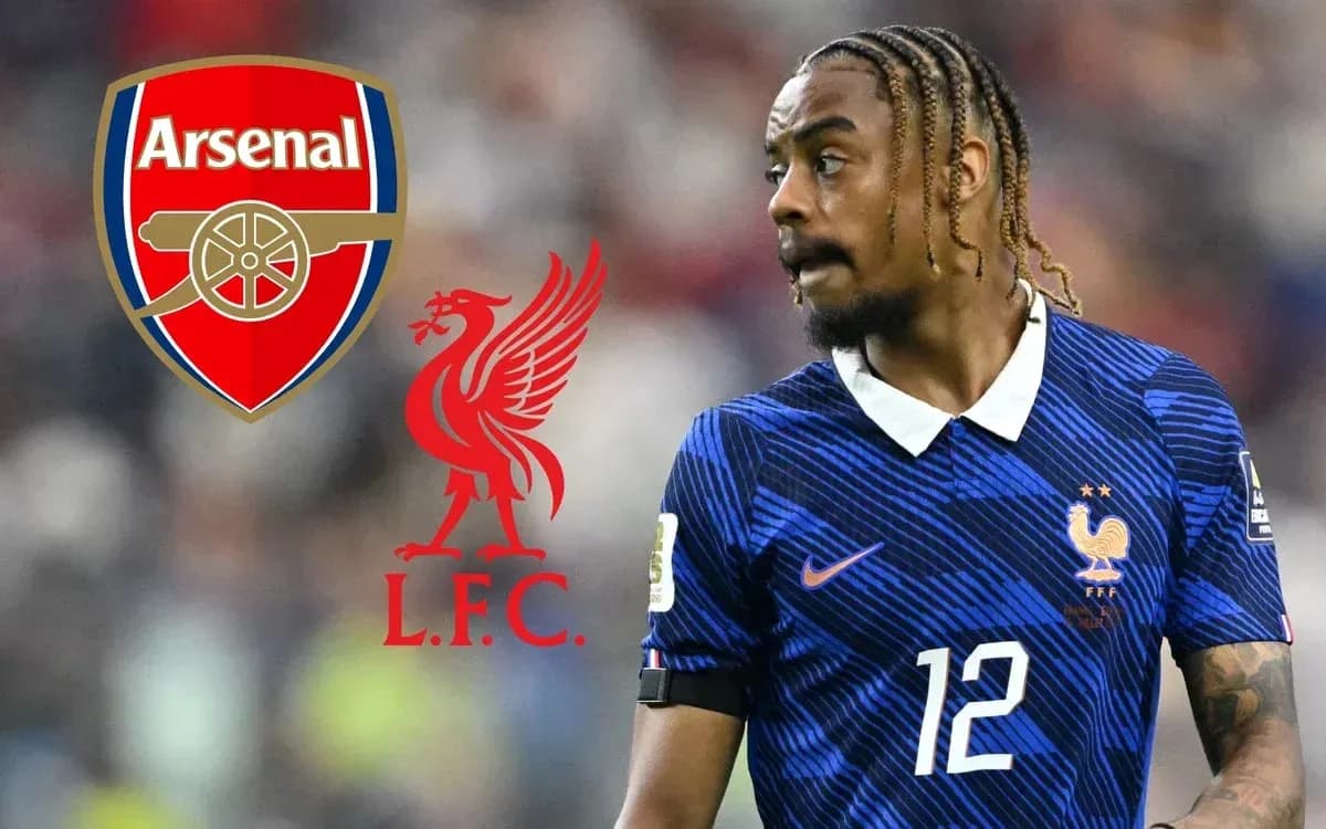 Jugador con camiseta de Francia junto a logotipos de Arsenal y Liverpool