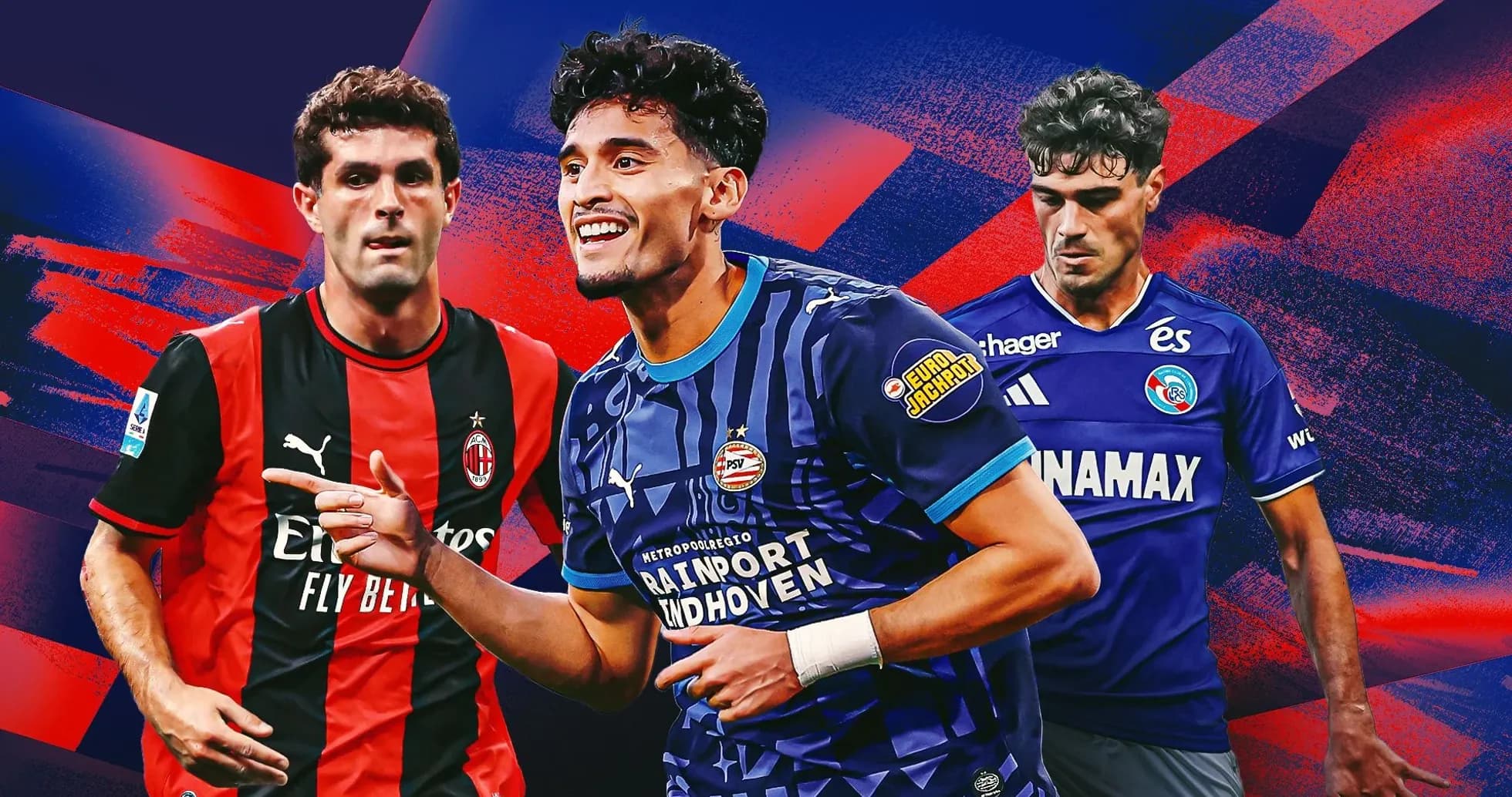 Tres futbolistas en acción con camisetas de clubes