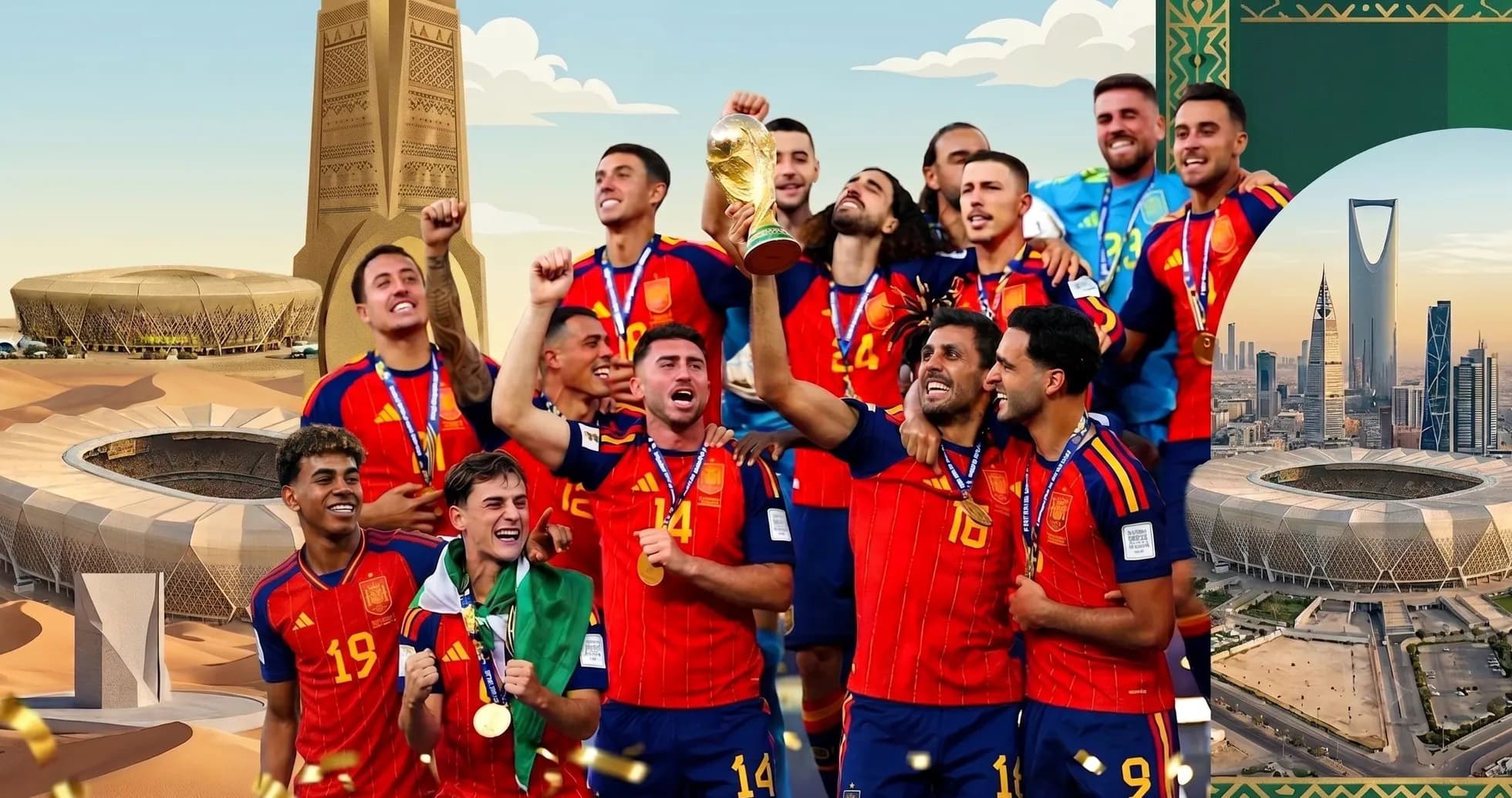 Equipo de España celebrando su victoria con trofeo