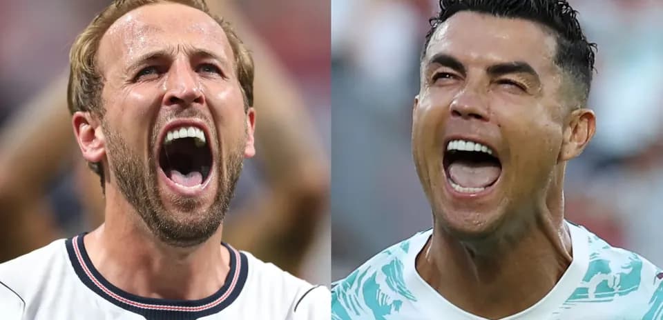 Harry Kane y Cristiano Ronaldo gritando durante partido