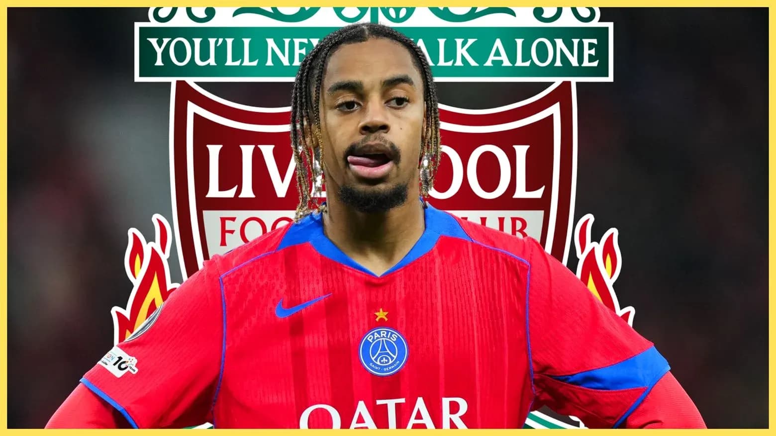 Jugador de PSG con camiseta roja frente a logos de Liverpool