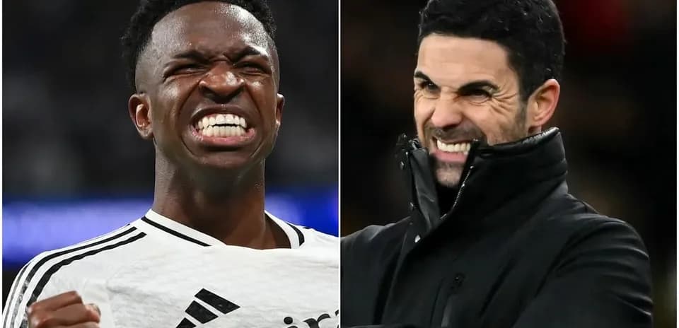 Vinícius Jr. celebrando y Mikel Arteta en la línea de banda