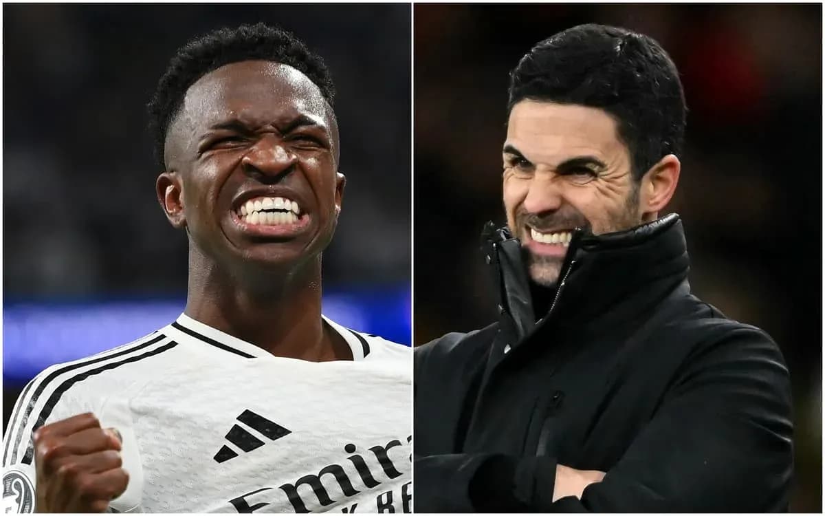 Vinícius Jr. celebrando y Mikel Arteta en la línea de banda