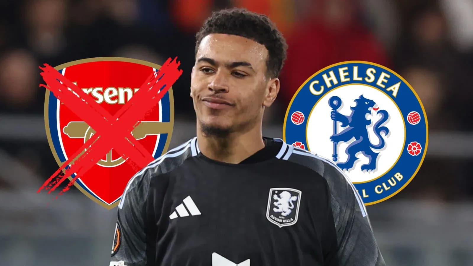 Portero de Aston Villa con logos de Arsenal y Chelsea